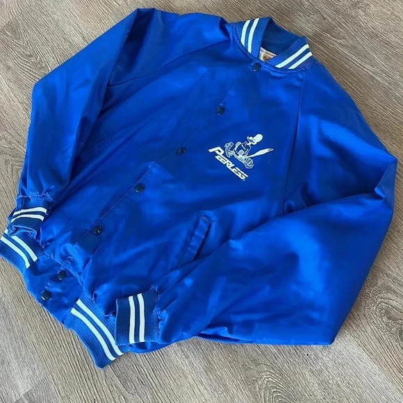 Vintage Nylon Bomber Varsity Jacket Roadrunner Peerless Retro Blue M USA - Picture 4 of 12